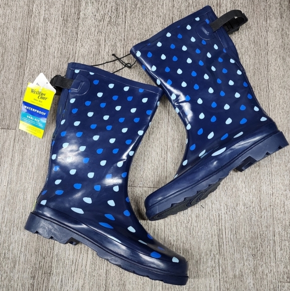 Western Chief Adult Winter Rain Boots Blue Vari Fit Raindrops Dot sz 10 New - Picture 1 of 12